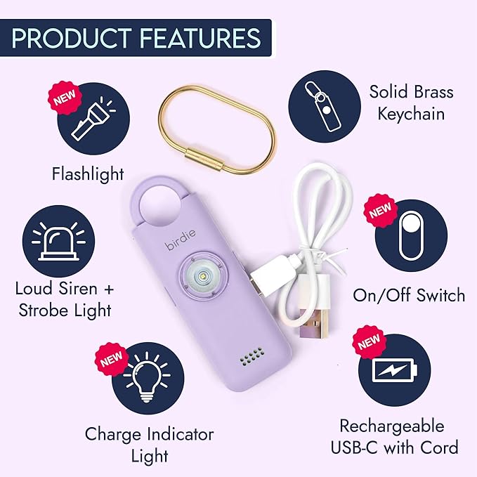 She’s Birdie 3.0 New Version – The Original Personal Safety Alarm for Women by Women–Loud Siren, Flash Light and Rechargeable Battery in a Variety of Colors (Lavender Purple)
