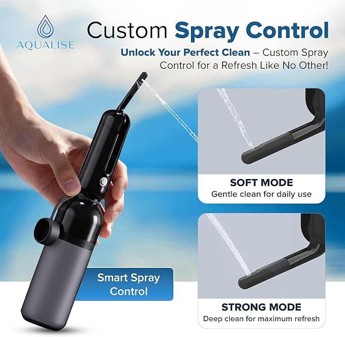 Aqualise Portable Bidet for Travel, USB-C Rechargeable Electric Handheld Sprayer, 3 Nozzles & Carry Pouch - High Pressure Waterproof Peri Bottle for Women, Men, Postpartum Care & Personal Hygiene