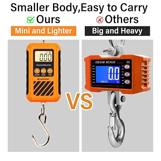 UNIWEIGH Digital Hanging Scale,Mini Crane Scale 300kg/660lb,Postal Luggage Scale with LCD Display,Portable Handheld and Large Hook,Deer Scale with Hold &Tare Function for Garage Farms Hunting Fishing