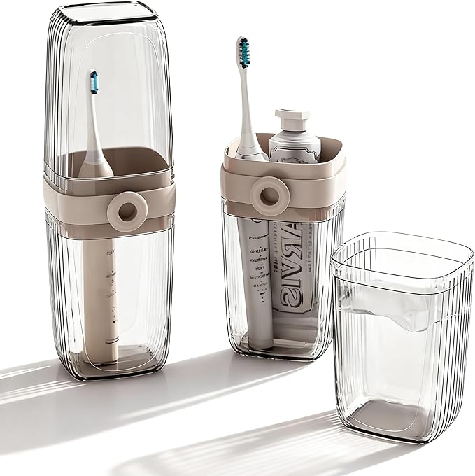 Toothbrush Travel Case, 2 in 1 Portable Travel Toothbrush Holder with Mouthwash Cups, Leakproof Travel Toothbrush and Toothpaste Container for Traveling Camping Dorm Office Business Trip