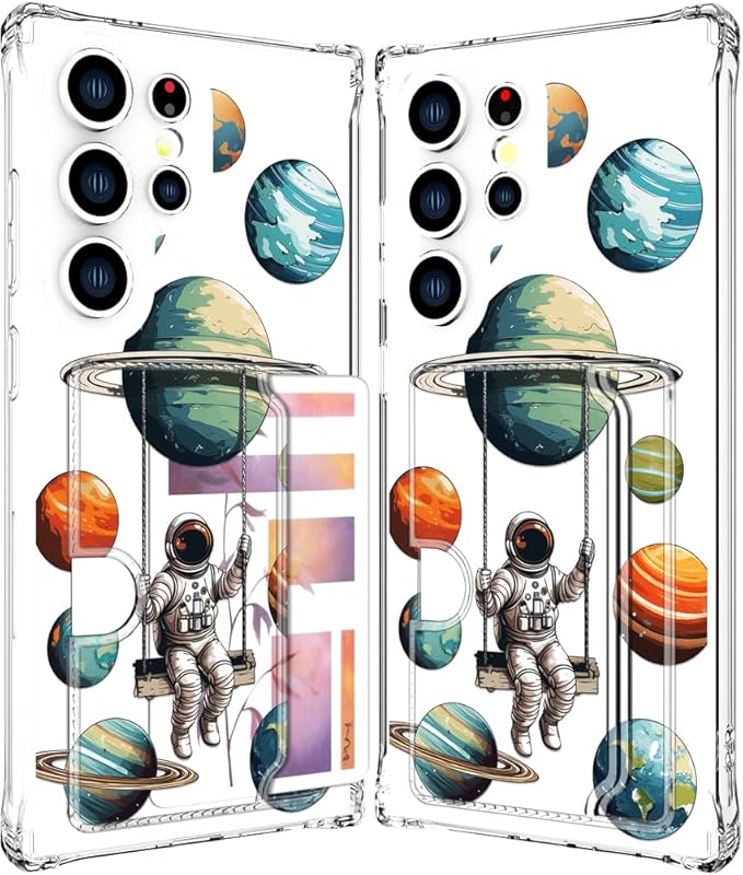 Compatible with Samsung Galaxy S24 Ultra Case Card Holder for Women Cute Design,Wallet Phone Cases Transparent Cool Kawaii Protective (Clear Astronaut Space Planets)