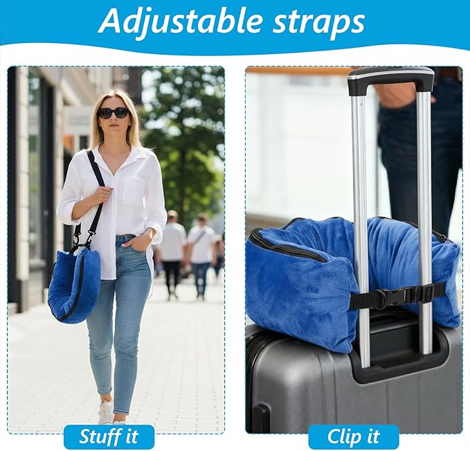 Stuffable Travel Neck Pillow Velvet Stuffable Pillow for Traveling Neck Pillows for Extra Luggage with Adjustable Necks Size Portable Travel Essentials Multifunctional Sleeping Rest Cush(Blue)