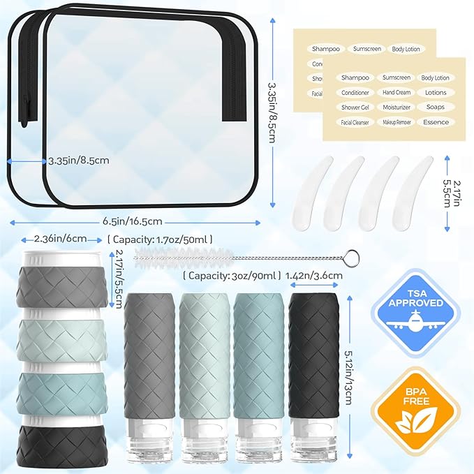 16 Pack Travel Bottles for Toiletries, TSA Approved Travel Size Toiletries Containers Set, BPA-Free Silicone Leak Proof Refillable Bottles Stackable Creams Jars Accessories Kit W/Clear Bag(Gray)