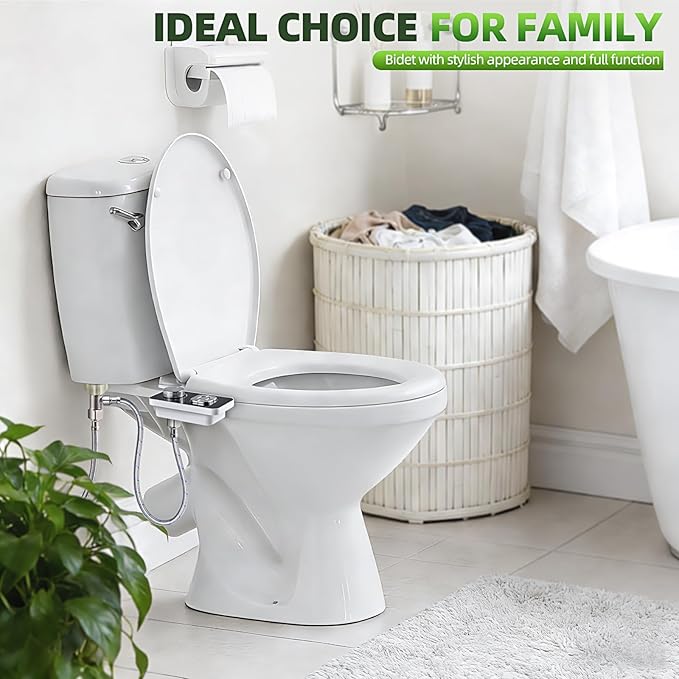 SAMODRA Bidet Attachment, Non-Electric Cold Water Bidet Toilet Seat Attachment with Pressure Controls, Retractable Self-Cleaning Dual Nozzles for Frontal & Rear Wash - Brushed Nickel