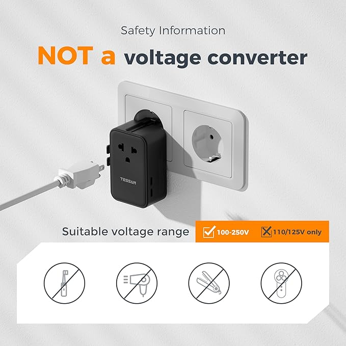 TESSAN International Power Adapter PD 25W, Ultra Thin Universal Travel Adapter, Worldwide Outlet Plug with 2 USB A 2 USB C for US to European UK Australia Ireland (Type C G A I) Black