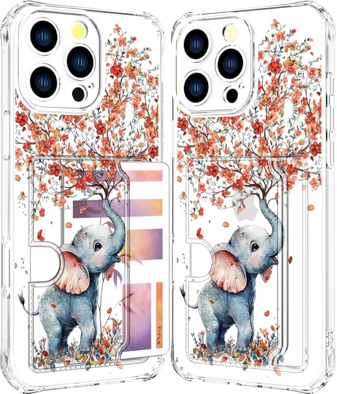 Compatible with iPhone 16 Pro Case Card Holder for Women Cute Design,Wallet Phone Cases Transparent Cool Kawaii Protective (Clear Elephant Creating Flowers)