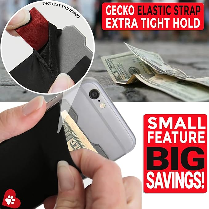 Phone Wallet - Adhesive Card Holder - Cell Phone Pouch - Stick on Lycra Pocket by Gecko - Carry Credit Cards and Cash