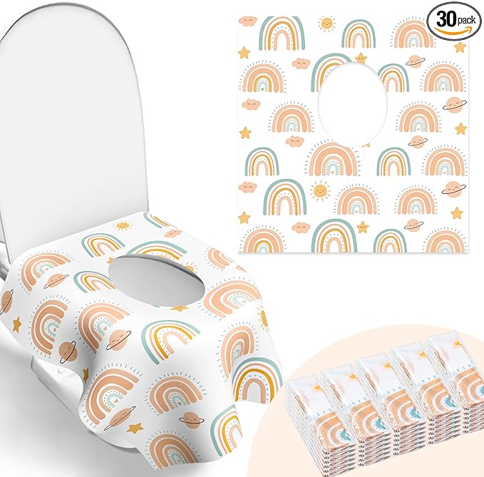 30 Pack Toilet Seat Covers Disposable, Individually Wrapped for Travel, Large Waterproof Potty Covers for Kids and Adults,Toddler Potty Training for Public Restroom, Airplane, Trip - Rainbow