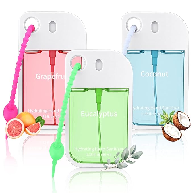 3 Pcs Hydrating Hand Sanitizer Spray 1.35 oz Scented Hand Sanitizer with Keychain Pocket Power Mist Travel Size Moisturizing Sanitizing for Adults Backpack Office Thank You Gifts for Teachers