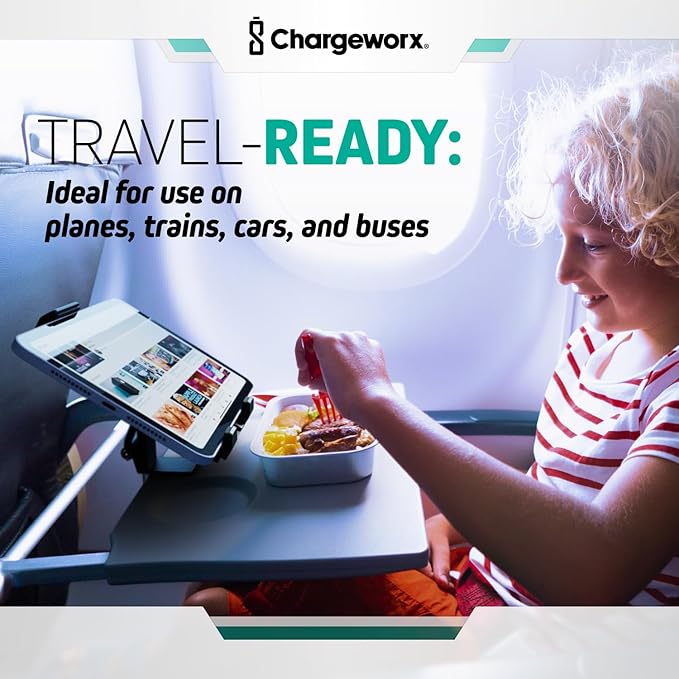 CHARGEWORX Airplane Tablet Holder for Tray Table, Universal Phone & Tablet Mount with 360° Rotation, Foldable Travel Phone Holder for Airplane, Train & Car, Compatible with iPad, Kindle & Smartphones