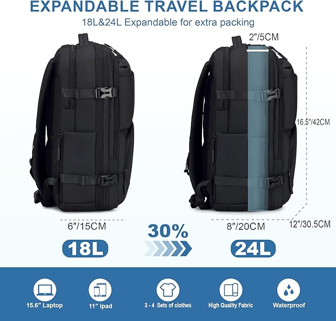 BAGOK Carry On Travel Backpack, Expandable Extra Large Airline Approved,Lightweight Daypack for Men and Women（Black）