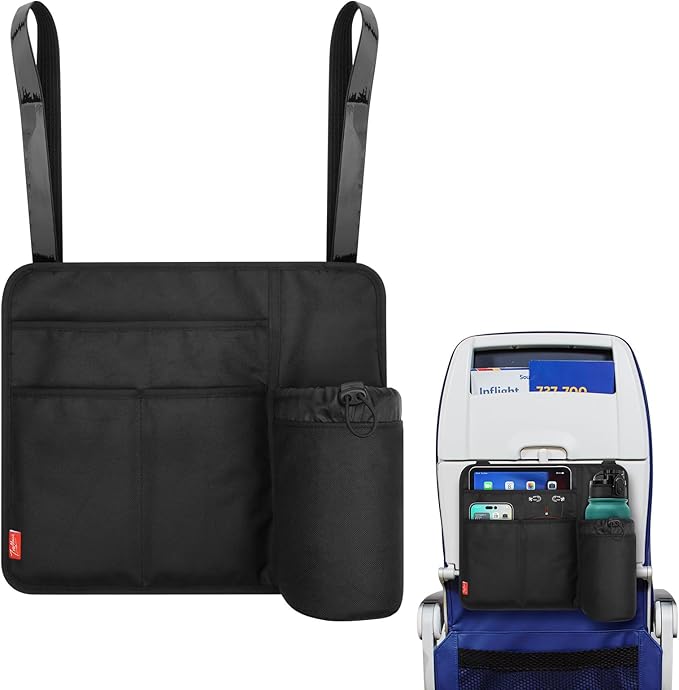 Airplane Seat Back Organizer & Storage, Airplane Tray Table Cover for Personal Items, Airline Seat Hanging Pockets Media Pouch,Reusable Travel Essentials, Fits Tablets, Cell Phone,Water Bottle (Black)