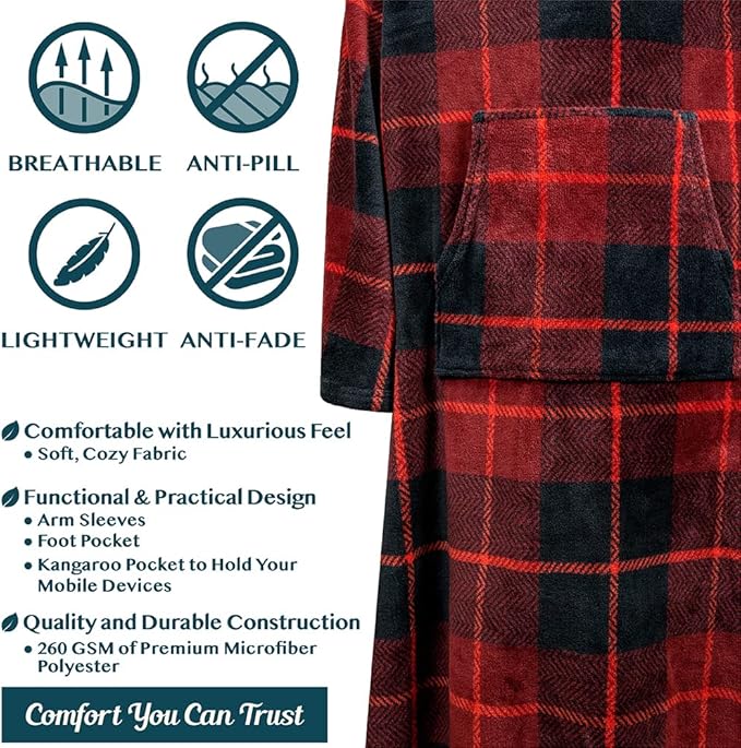 PAVILIA Fleece Blanket with Sleeves, Foot Pockets for Women Men Adults, Plush Wearable Blanket Throw Wrap, Warm Snuggle Blanket Robe, Cozy Gift Ideas Wife Mom, Plaid Red