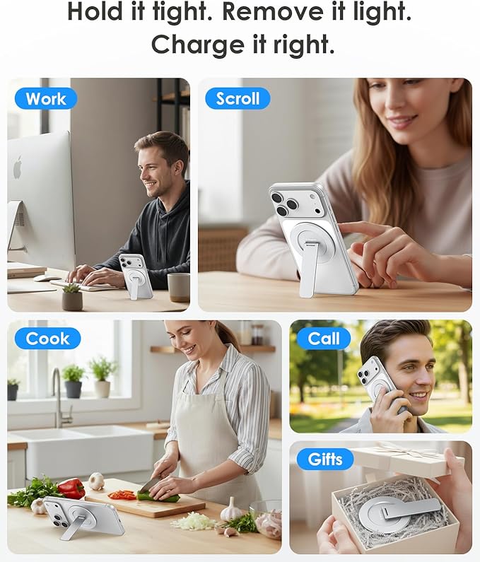 Magtame Magnetic Phone Stand for Magsafe, Ultra-Slim Snap-on Phone Holder Kickstand,180° Adjustable Angle Damping Design Cellphone Grip, Silver
