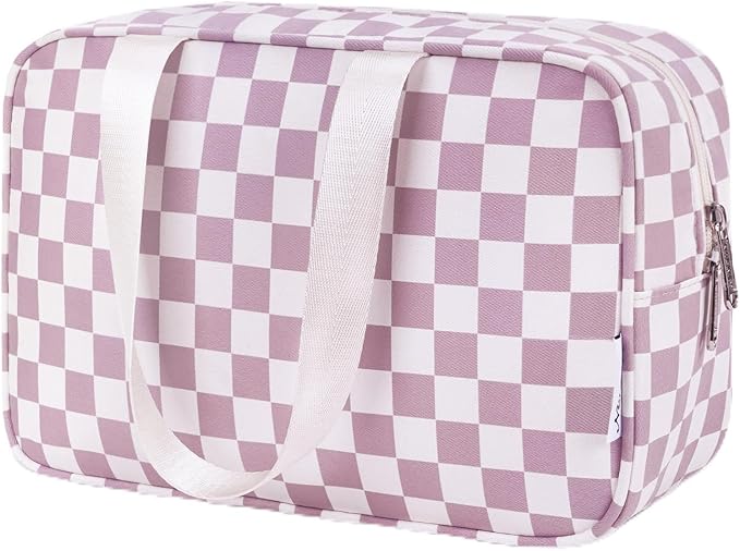 Narwey Large Checkered Travel Toiletry Bag Women Toiletries Bag Pink Makeup Bag Organizer Make up bag Cosmetic Bag Medicine Bag for Girls (Dusty Rose Checkerboard, Large)