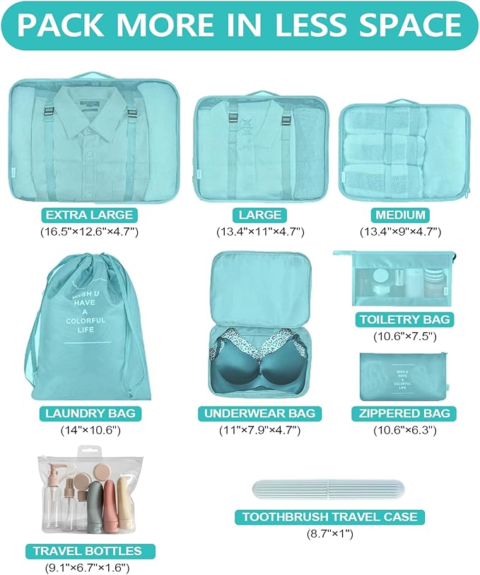 11 Set Packing Cubes for Travel,Gifts for Women Mom,Anti-Tearing Suitcase Organizer for Luggage with Shoe & Hanging Toiletry Bag, Toiletries Travel Bottles, 3 Portable Toothbrush Cases, Green