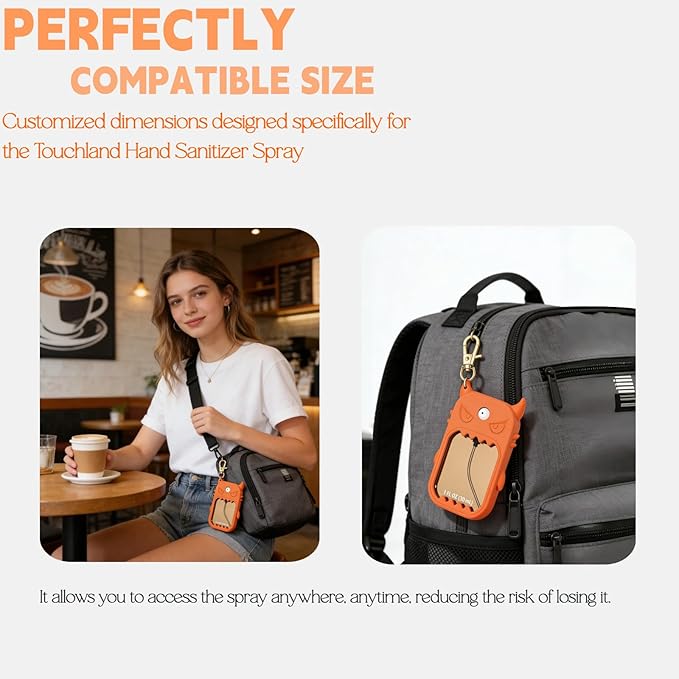 Hand Sanitizer Case Compatible with Touchland 1 Fl Oz, Cute Monster Silicone Spray Holder with Keychain for Bags, Orange