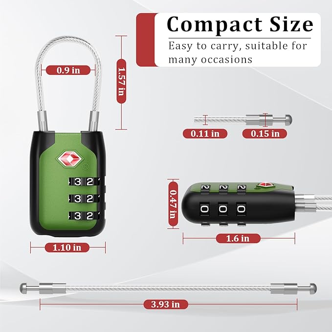 Joyway TSA Approved Luggage Lock, 3 Digit Combination Cable Lock with Alloy Body, Travel Combination Locks for Suitcases, Backpack and Golf Bag (Green, 4Pack)