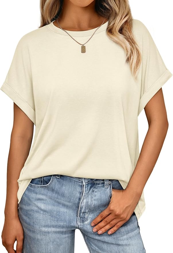 AUTOMET Women's Oversized Short Sleeve T Shirts Casual Drop Shoulder Rolled Cuff Summer Tops for Work, Travel and Lounge