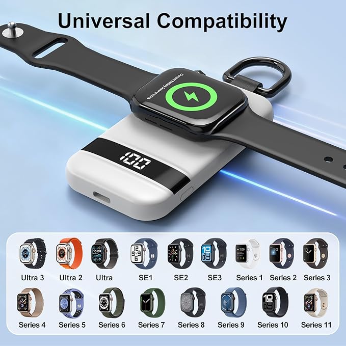 Portable Charger for Apple Watch, 2500mAh & Digital Display – Magnetic Fast Charging iWatch Charger for Travel – for Apple Watch Series 1-11/SE1-3/Ultra 1-3 (White)