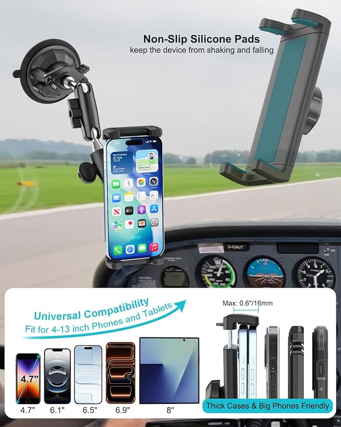 Pilot Phone Holder, [Ultra Suction Cup] Aviation Windshield Cell Phone Mount for Aircraft, 360° Metal Arm Airplane Window Stand for iPhone 17 16 15 14 Pro Max, Galaxy S A Z Fold, 4-13" Device