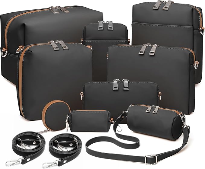 Joyway 10-Piece Travel Makeup Bag Set – Large Capacity Cosmetic Bags for Women & Girls, Waterproof Portable Toiletry Organizer with Adjustable Strap (Black)