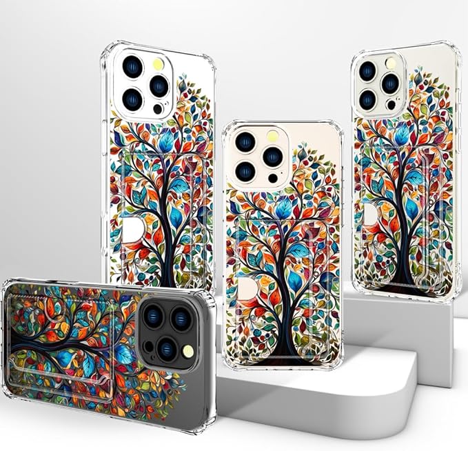 Compatible with iPhone 16 Pro Max Case Card Holder for Women Cute Design,Wallet Phone Cases Transparent Cool Kawaii Protective (Clear Tree Colorful Leaves)