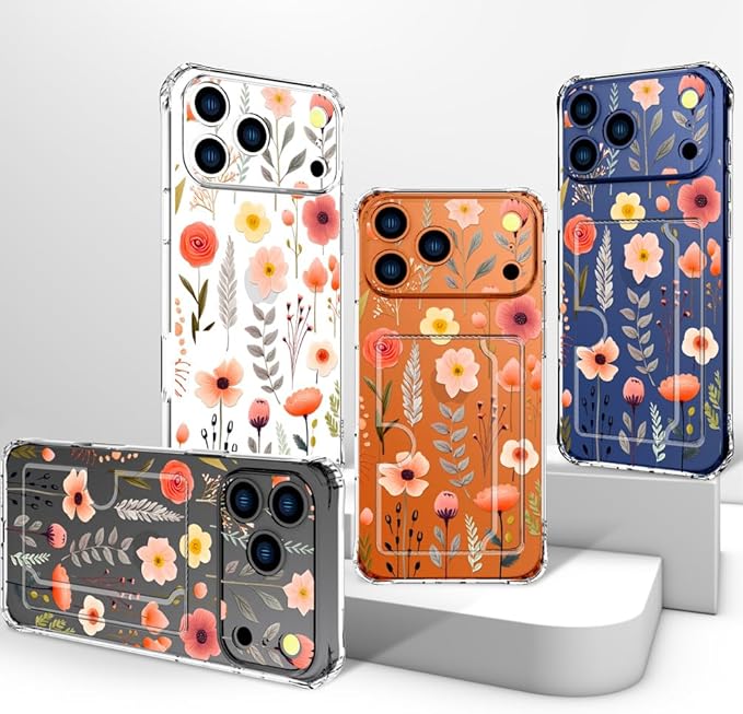 Compatible with iPhone 17 Pro Max Case Card Holder for Women Cute Design,Wallet Phone Cases Transparent Cool Kawaii Protective (Clear Flowers Leaves)