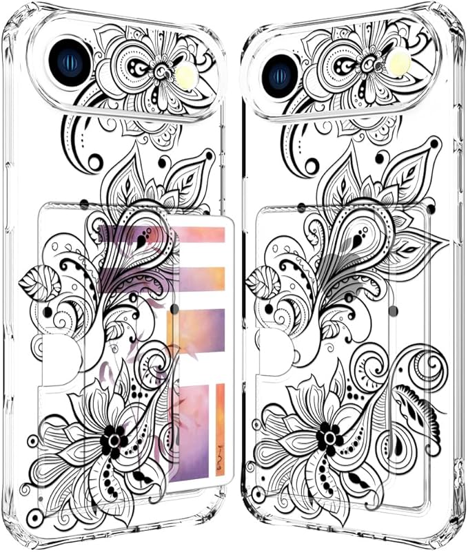 Compatible with iPhone 17 Air Case Card Holder for Women Cute Design,Wallet Phone Cases Transparent Cool Kawaii Protective (Clear Black Henna Flower)