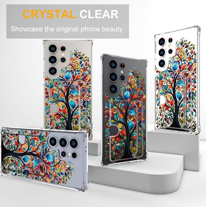 Compatible with Samsung Galaxy S24 Ultra Case Card Holder for Women Cute Design,Wallet Phone Cases Transparent Cool Kawaii Protective (Clear Tree Colorful Leaves)