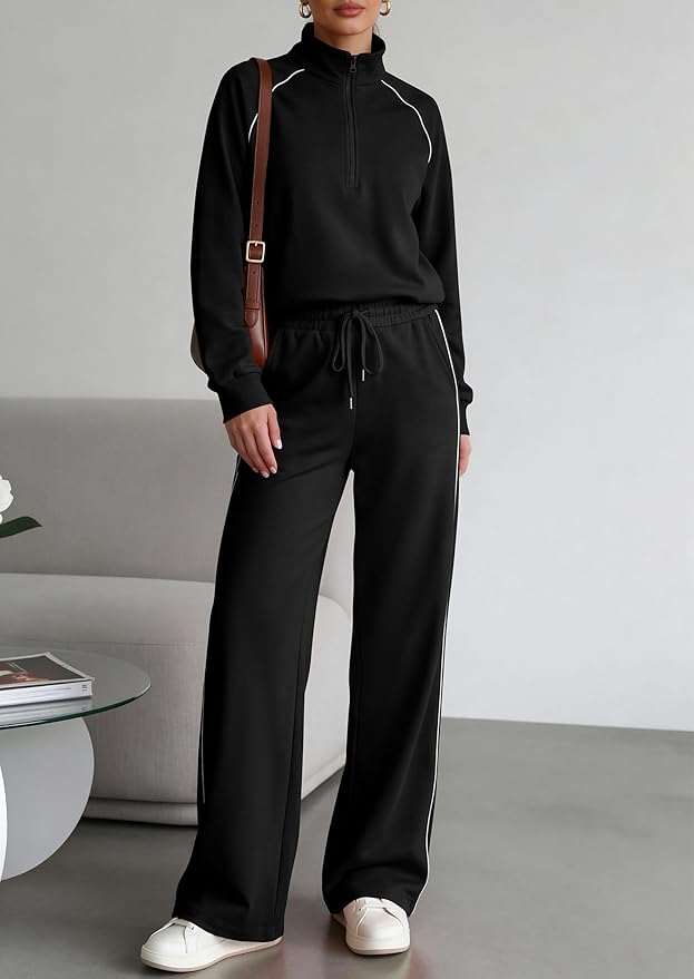 PRETTYGARDEN Women's 2 Piece Outfits Casual Lapel Half Zip Sweatshirts and Wide Leg Pants Tracksuit Sets