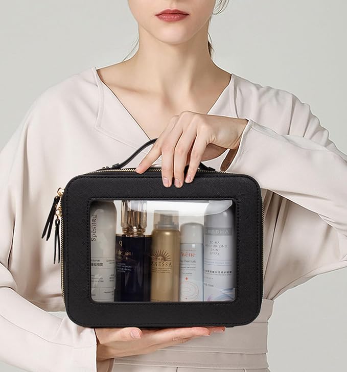 LETGO Clear Makeup Bags - TSA Approved Toiletry Bags with Zipper, Makeup Organizer for Carry-on Travel Essentials, Cosmetic Bags for Women & Men (Large Black)