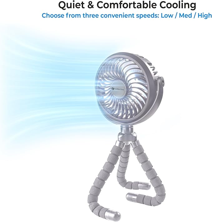 Comfort Zone Portable Stroller Fan – Rechargeable Battery Operated Clip-On Fan with 360° Flexible Tripod & LED Light – 3-Speed Cooling for Car Seats, Cribs, Treadmills & Travel – Silver