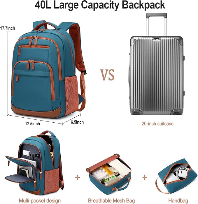 BOVIP Travel Backpack For Men Women,40L Carry On Backpack Flight Approved,TSA Personal Item Travel Bag Fits 17 Inch Laptop,Business Weekender Overnight Daypack Dark Green