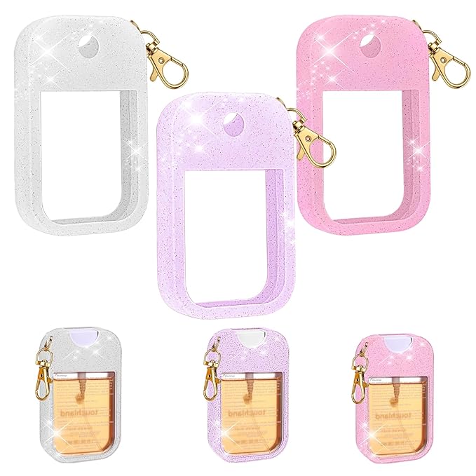AIERSA 3pcs Hand Sanitizer Spray Case Compatible with Touchland,Rabbit Ears Design Silicone Hand Sanitizer Case Holder with Keychain for Touch Land Mist Case 1FL. OZ (Pink+White+Purple)