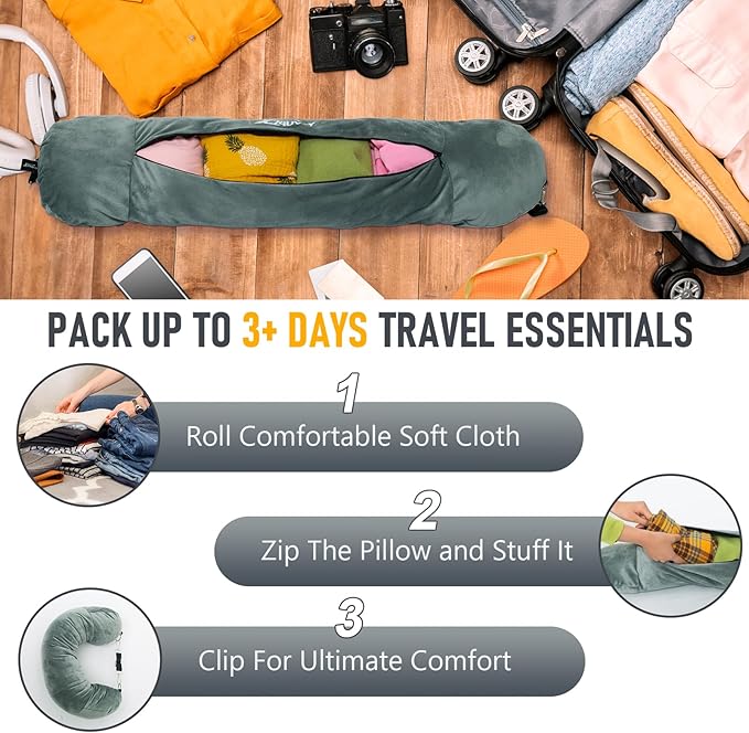 Travel Neck Pillow Stuffable with Clothes, Stuffable Neck Pillow for Travel, Packable Fillable Storage Bag for Airplane Travel, Soft Velvet Neck Pillow Case Cover