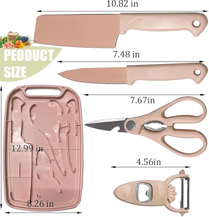Cutting Board and Knife Set, 5 In1 Travel Cutting Boards And Knife Travel Cutting Board Kitchen Scissors and Peeler For Kitchen (Pink)