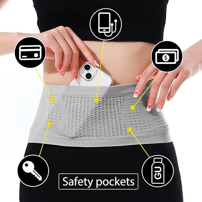 Adorila Slim Running Belt, No-Bounce Hidden Waist Pack with 360° Opening for Soft Flask, Cellphones, Keys or Gels, Grey, Small