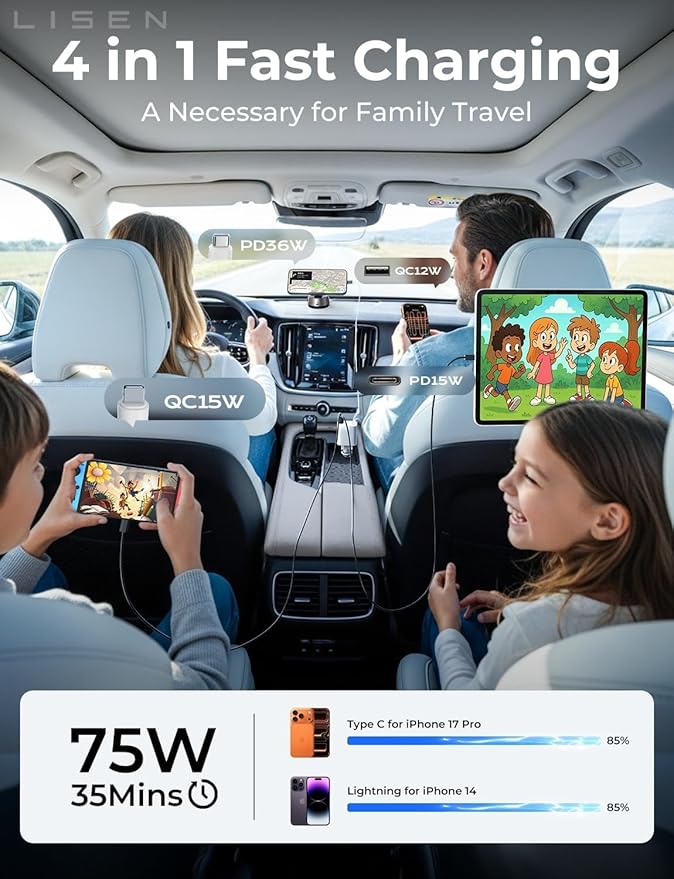LISEN White Retractable Car Charger, for Gifts for Him Her, for iPhone 17, Cute 4 in 1 Retractable USB C Car Charger for Women, 75W Fast Charging Car Accessories for iPhone & Samsung S26 & Android
