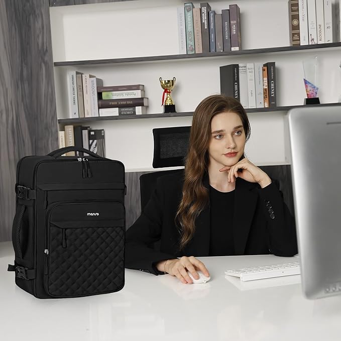 MOSISO Travel Backpack for Women Men, 15-15.6 inch Rhombus Quilted Laptop Backpack Flight Approved with Packing Cubes, 16 inch Carry on Daypack with USB Port for College Work Business, Black