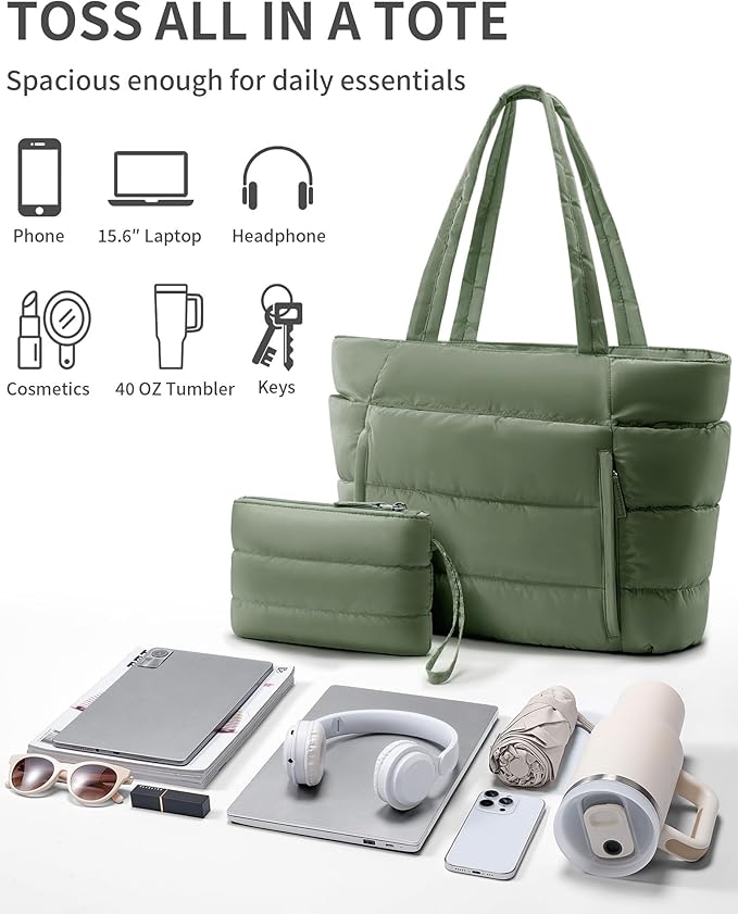 Bagstellar Puffer Tote Bag for Women, Lightweight Puffy Work Handbag Teacher Nurse Quilted Shoulder Bag for School Travel Gym | Cloud Bag w/ Zipper, Daily College Bags, 15.6" Computer Bag, Clinical Nursing Bag, 40 OZ Tumbler Holder, Ideal Gift for Women