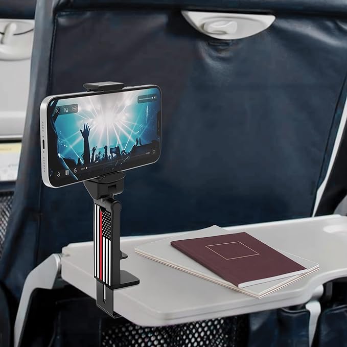 Beyond Cell Travel Accessories, Universal Seat Back Tray Table Hands Free Phone Clip Holder, Adjustable Pocket Size Airplane Travel Essentials Compatible with iPhone and Android Thin Red Line Us Flag