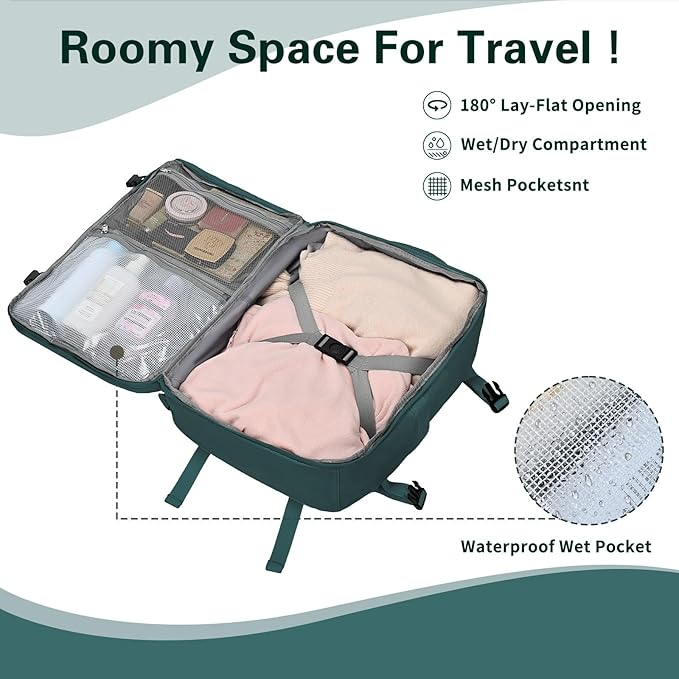Carry On Backpack for Women & Men – Airline Approved Underseat Size, 15.6" Laptop Compartment, TSA-Friendly 180° Opening, Anti-Theft Business Travel Backpack with Trolley Sleeve (Peacockblue, Medium)