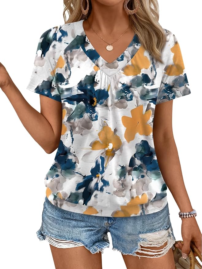 AUTOMET Womens Tops Short Sleeve V Neck T Shirts 2026 Summer Spring Beach Vacation Clothes Casual Loose Ruched Top