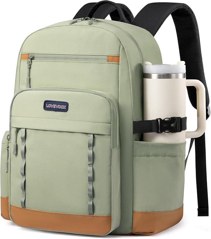 LOVEVOOK Laptop Backpack for Women with Stanley Cup Holder,17 Inch DIY Design Travel Work Backpack Computer Laptop Bag,Nurse Teacher College Backpack Purse,Gifts for Women Men,Brown-Black-Bean green
