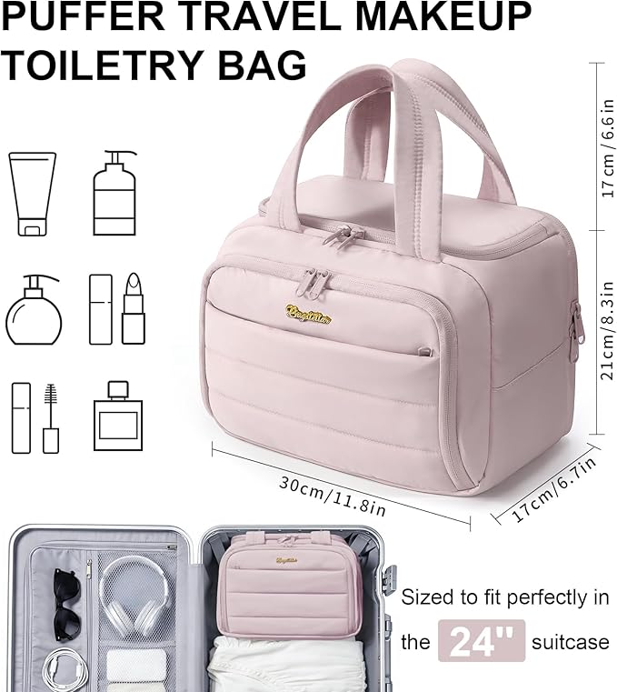 Bagstellar Travel Toiletry Bag for Women, Lightweight Large Quilted Puffy Makeup Bag Wide-open Make up Organizer Cloud Cosmetic Bag w/Handle for Traveling Toiletries Essentials Accessories Light Pink