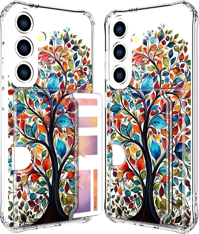 Compatible with Samsung Galaxy S24 / S25 Case Card Holder for Women Cute Design,Wallet Phone Cases Transparent Cool Kawaii Protective (Clear Tree Colorful Leaves)