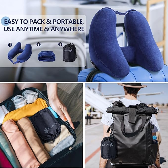 Sunany Travel Neck Pillow for Airplane Pillow Comfortably Supports Head, Neck and Chin, Inflatable Travel Pillow with Soft Velour Cover and Portable Drawstring Bag (Black) (Blue, H)