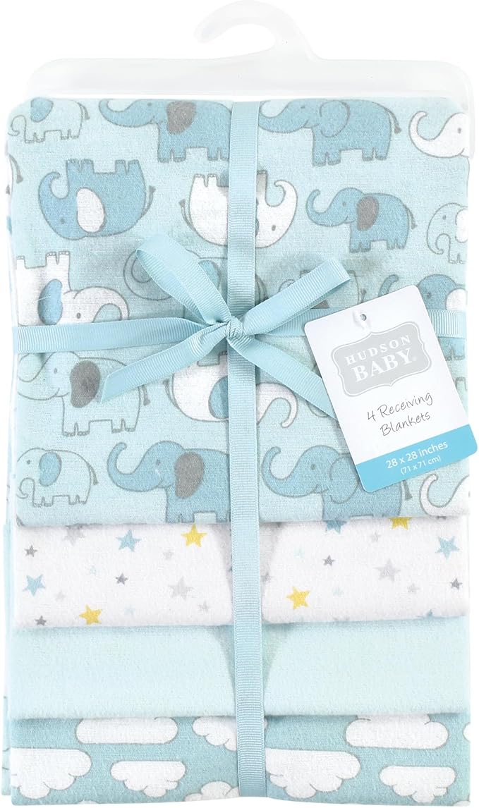 Hudson Baby Unisex Baby Cotton Flannel Receiving Blankets, Boy New Elephant, One Size
