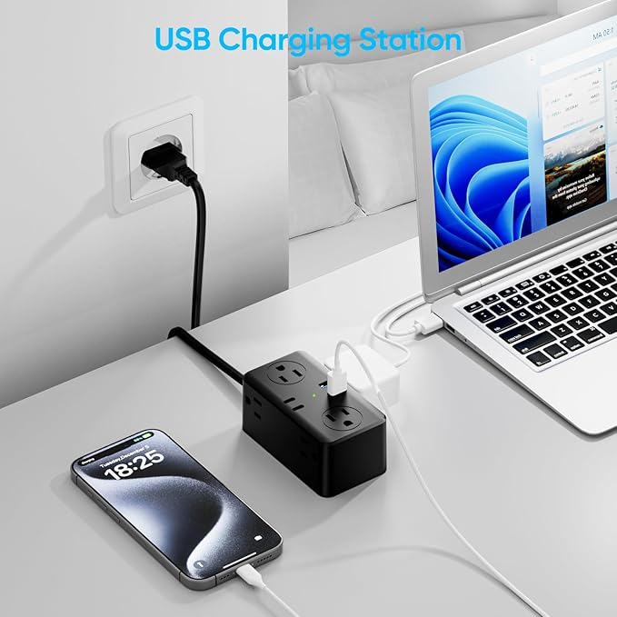 Kakyanill European Travel Plug Adapter, EU/UK/US Travel Plug Adapter Power Strip, 6 AC Outlets, 4 USB Ports (2 USB C), 3ft Wrapped Around Extension Cord, Compact for Travel, Black